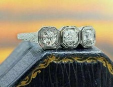1 CTW White Round Cut CZ Three Stone Antique Style Art Deco Ring In 925 Silver