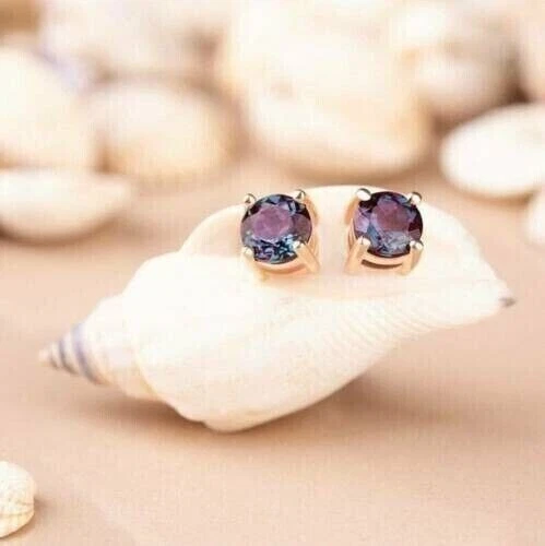 2.5Ct Round Alexandrite Lab-Created Solitaire Stud Earrings 14K Rose Gold Plated - Image 3 of 4