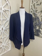 CHICOS size 1 NAVY LACE ACCENT OPEN FRONT 3/4 SLEEVE JACKET BLAZER
