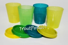 TUPPERWARE Midgets Mini Bowls 2oz Set 4 Small Cups Parrot Green Yellow Turquoise