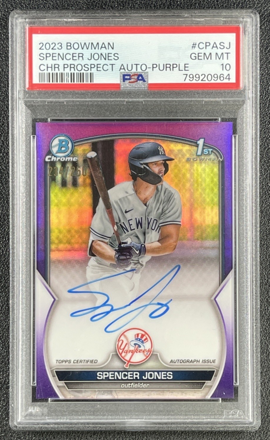 SPENCER JONES PSA 10 2023 BOWMAN CHROME 1ST PROSPECT PURPLE REFRACTOR AUTO /250