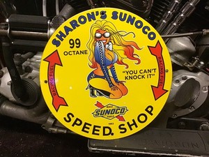 VINTAGE PORCELAIN 1962 SHANON’S SUNOCO SPEED SHOP DISPLAY SIGN Harley Ford Chevy