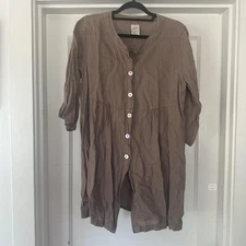 Match Point Shirt Dress Womens Small Brown Linen Knee Length 3/4 Sleeve USA