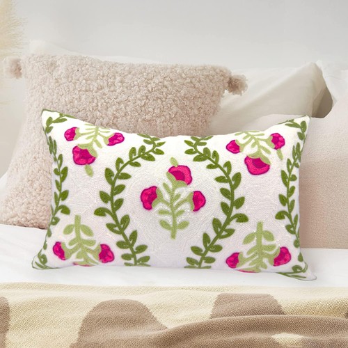 Flower Embroidered Summer Decorative Lumbar Throw Pillow Cover 12"x 20", Farm... - Picture 3 of 7