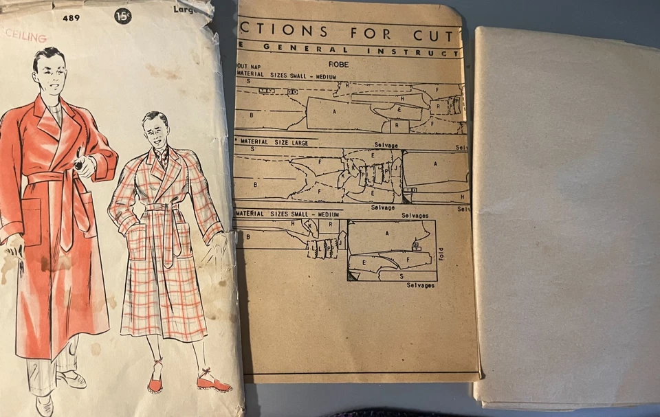 VINTAGE SEWING PATTERN-HOLLYWOOD BRAND #489-1940'S?-MEN'S ROBE - SZ LG-RARE,HTF - Image 3 of 4
