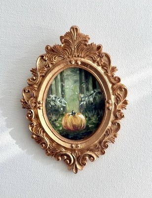 Mini Acrylbild auf Lindenholz mit Rahmen 12x8,7 cm Kürbis Wald gemälde Herbst