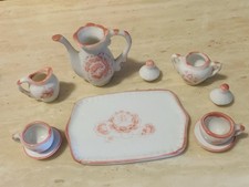 Dollhouse Ceramic Miniature Tea Set. Pink  White. 10 Pieces. Vintage-Nice.