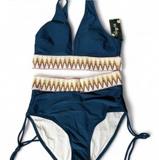 Women  s Two Piece Bikini Set NWT High Waist Bottom Zig Zag Trim Tie Sides Size S