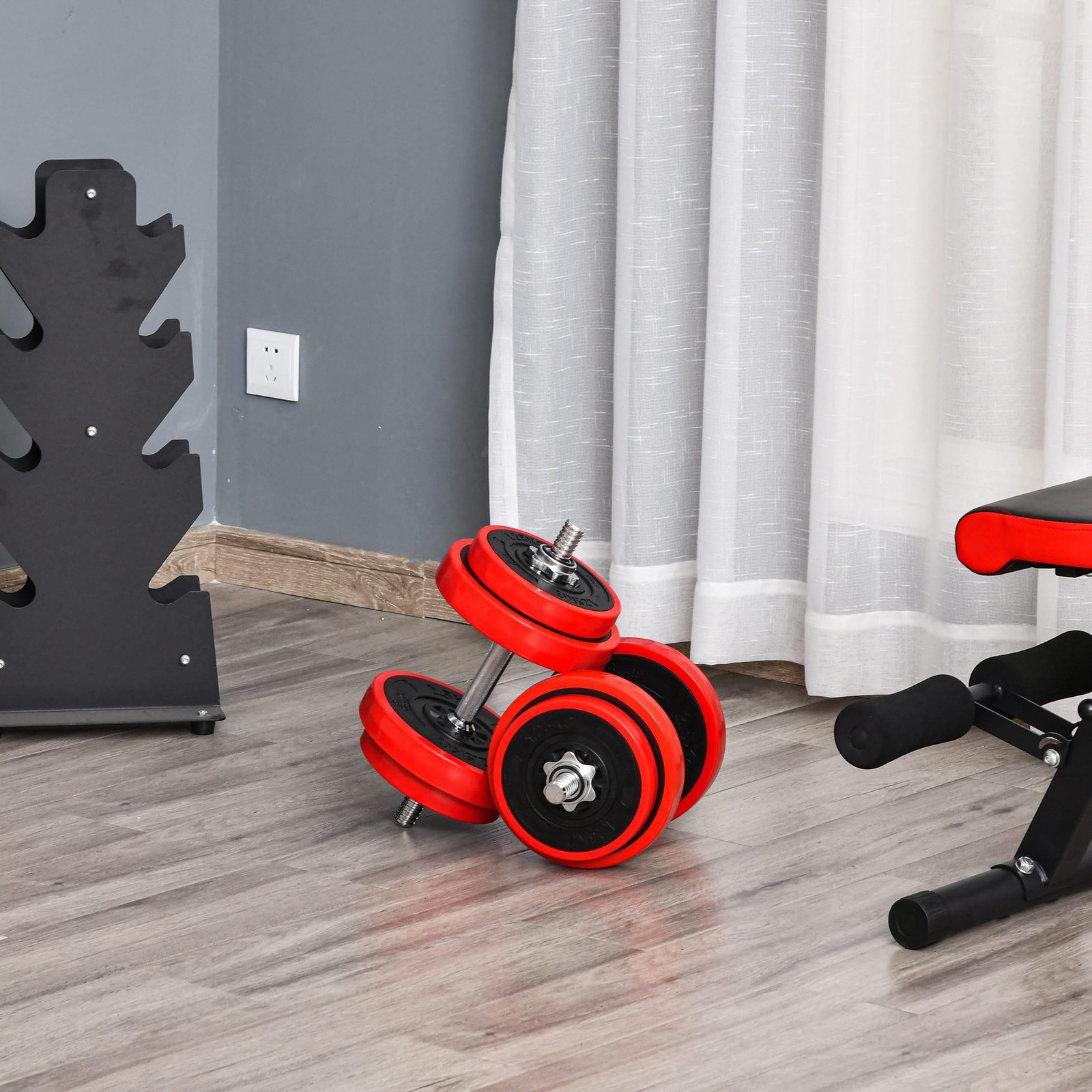 HOMCOM 20/30kg Set di Manubri Pesi 2 in 1 Dischi Antigraffio Rosso e Nero foto 2