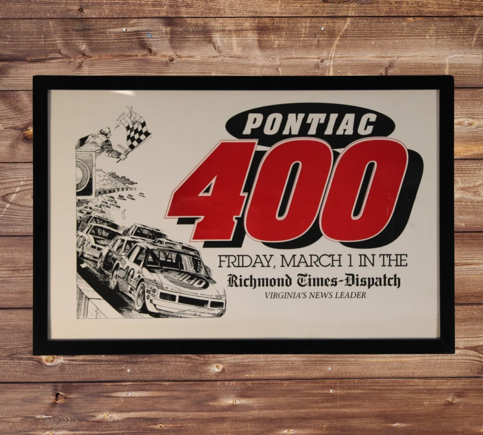 1996 Pontiac 400 NASCAR Framed Racing Poster! Rare 11X17 Richmond Times News VTG - image 2 of 4