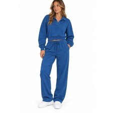 Women  s Blue 2 Piece Lounge Set - Size M-Collared Pullover Wide Leg Pants-NWOT