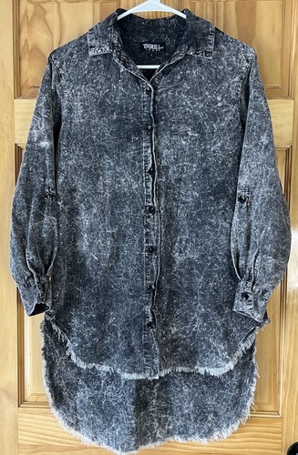 Thrill Jeans Women's Raw Hem High Low Casual Button Front Blouse Black Large