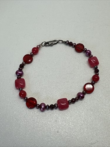 925 Sterling Silver Beaded Bracelet Genuine Stone Glass Beads Silver Clasp