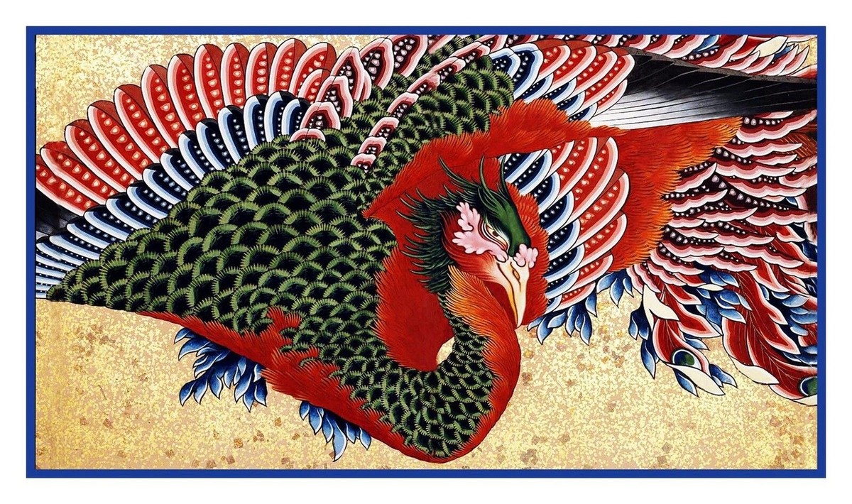 Asian Hokusai Japanese Phoenix detail Woodblock Counted
