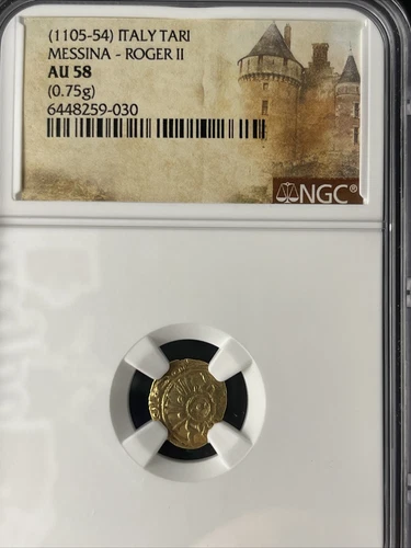 1105-54 Italy Tari Messina Gold AU 58 NGC Roger II 0.75g