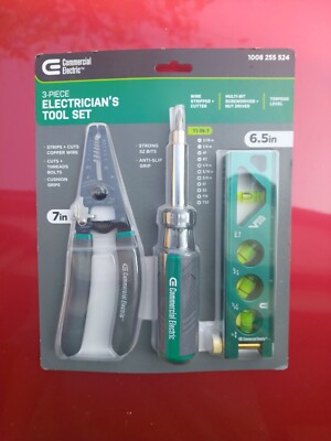 3 PIECE ELECTRIANS TOOL KIT COMMERCIAL ELECTRIC WIRE STRIPPER SCREWDRIVER LEVEL