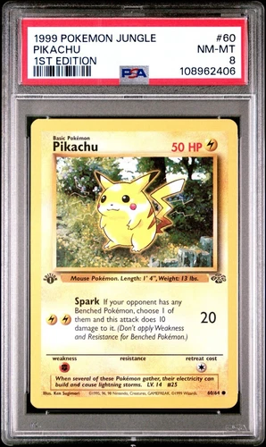 1999 Pokémon JUNGLE 60 PIKACHU 1ST Edition, PSA 8, NM-MINT