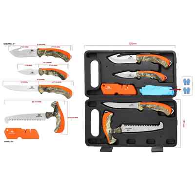 field dressing kit Mossy Oak 8PCS Knives / Saw / Sharpener / Gloves / Carry Case with a wide belly tip and a 4 Field Dressing Groves Set for