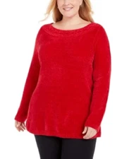 Karen Scott Women's Plus Size Boat-Neck Chenille Sweater, Haute Red, 2X