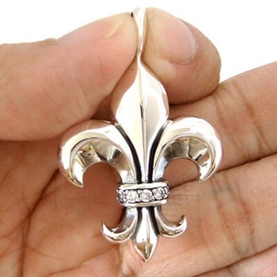 LARGE FLEUR DE LIS GEMS STERLING 925 SILVER PENDANT