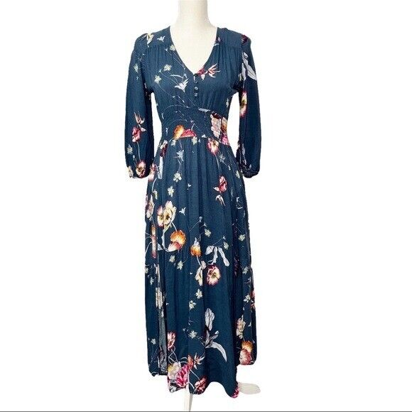 JAASE Blue Floral maxi Dress smocking waist Size … - image 1