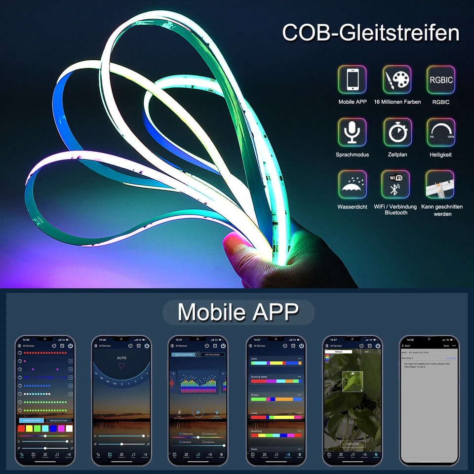 COB RGBIC Addressable WS2811 LED Streifen 12V 24V Lichterkette 720led/m 5-20m - Bild 2 von 4