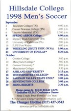 1998 Hillsdale Chargers Men's and Women's Soccer Pocket Schedule Sked Card