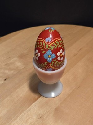 Easter Pysanka Red Floral Hand-Painted Wooden Egg Flower Design