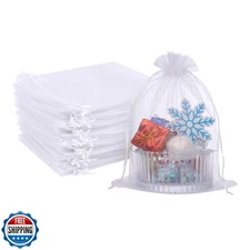 FUNFERY 100 Pcs White Organza Bags 5x7 in, Small Mesh Drawstring Gift Bags fo