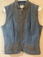 Falls Creek Women's Vintage Embroidered Blue Jean Zip Front Vest Size M