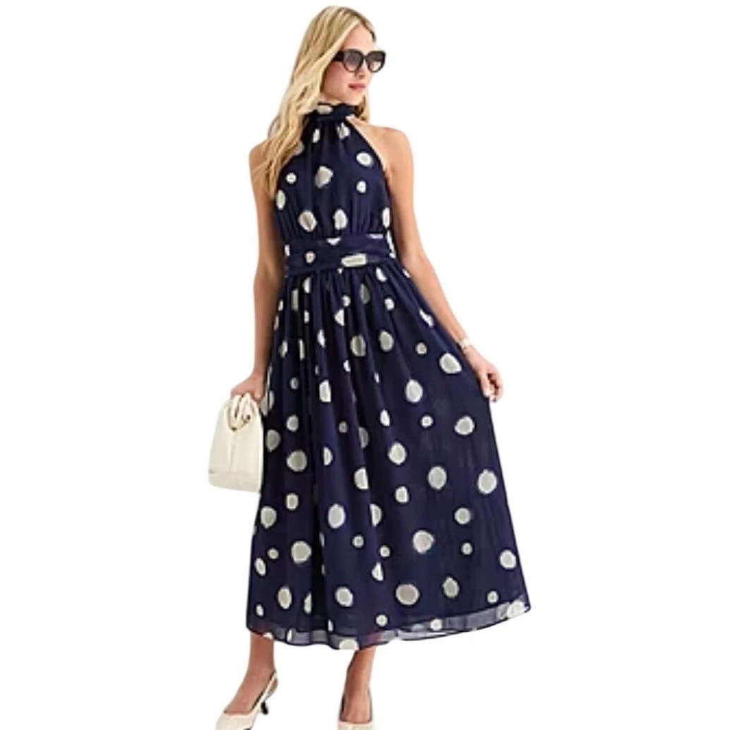 jcpenney women's dresses NEW JCPenney High Low Midi Dress Womens L Teal Print Halter Self Tie Sleeveless