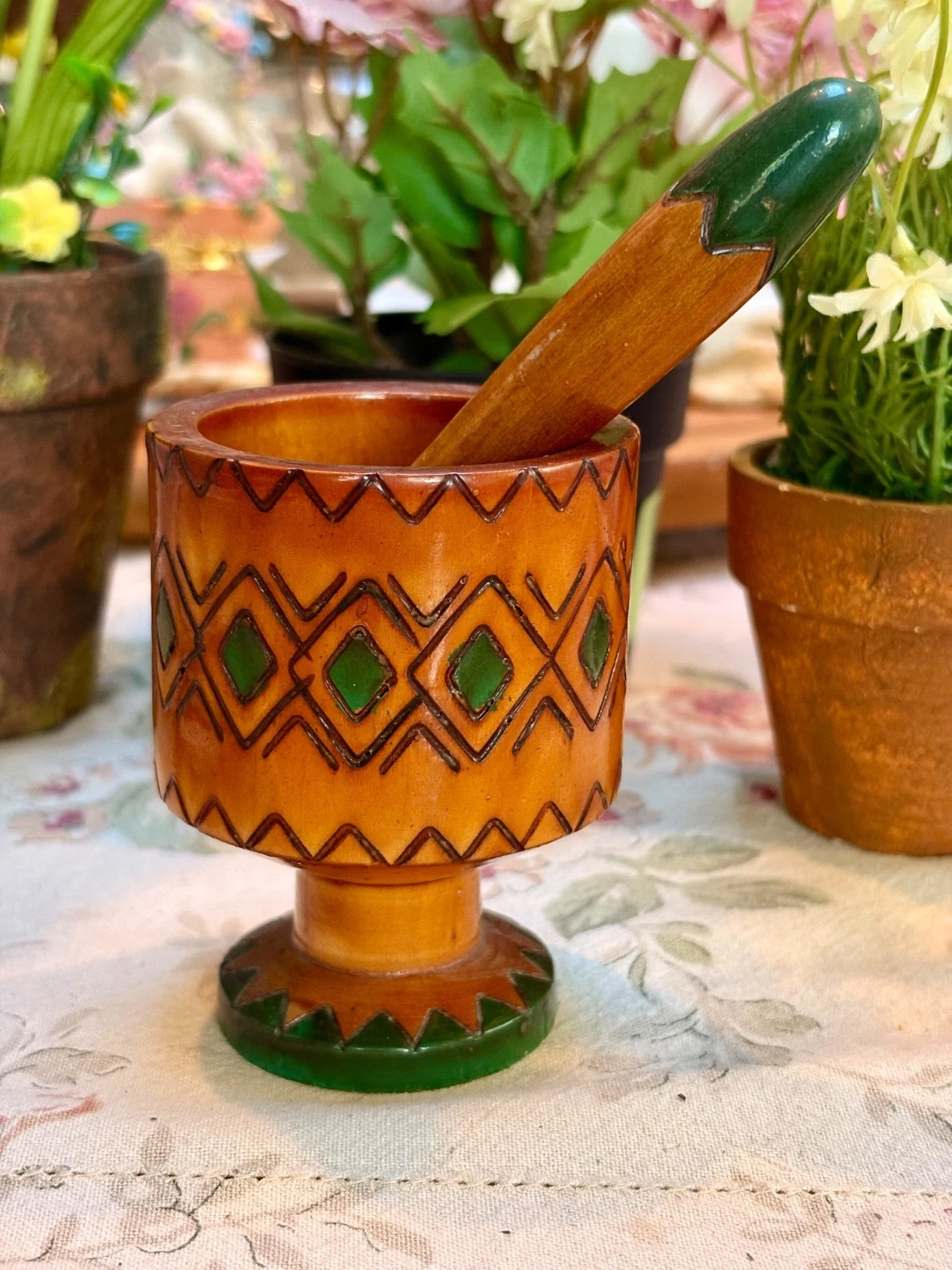 Vtg decorative wooden mortar and pestle set boho primitive folk art