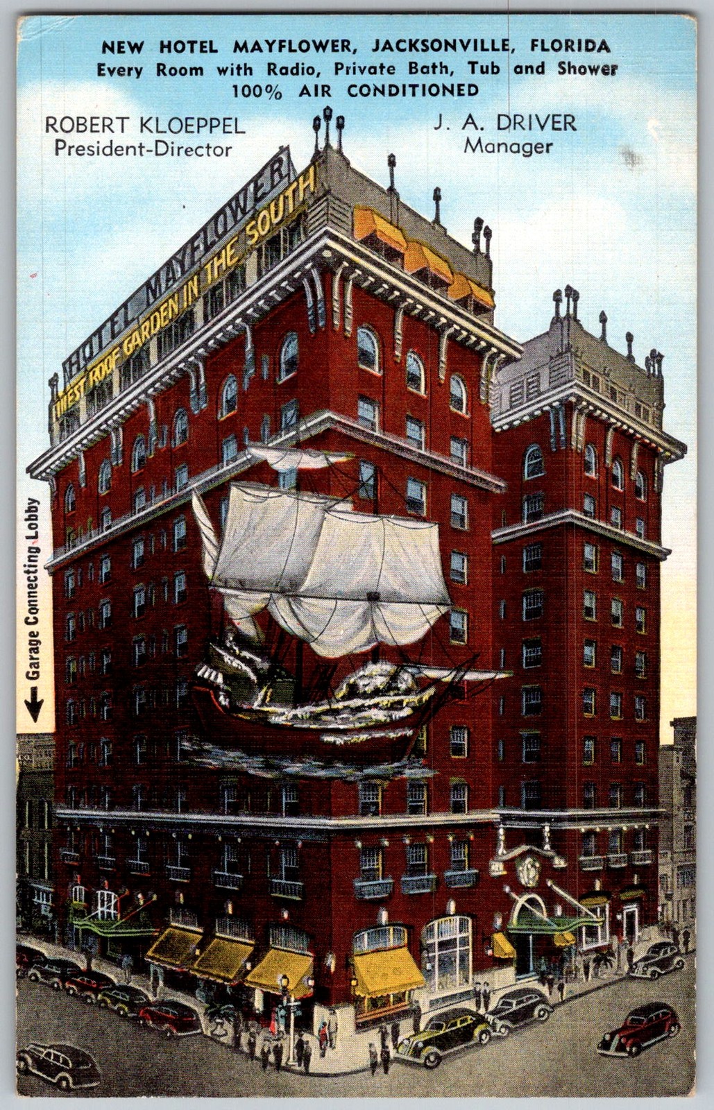 Vtg Linen Postcard New Hotel Mayflower Roof Jacksonville, FL 1940s