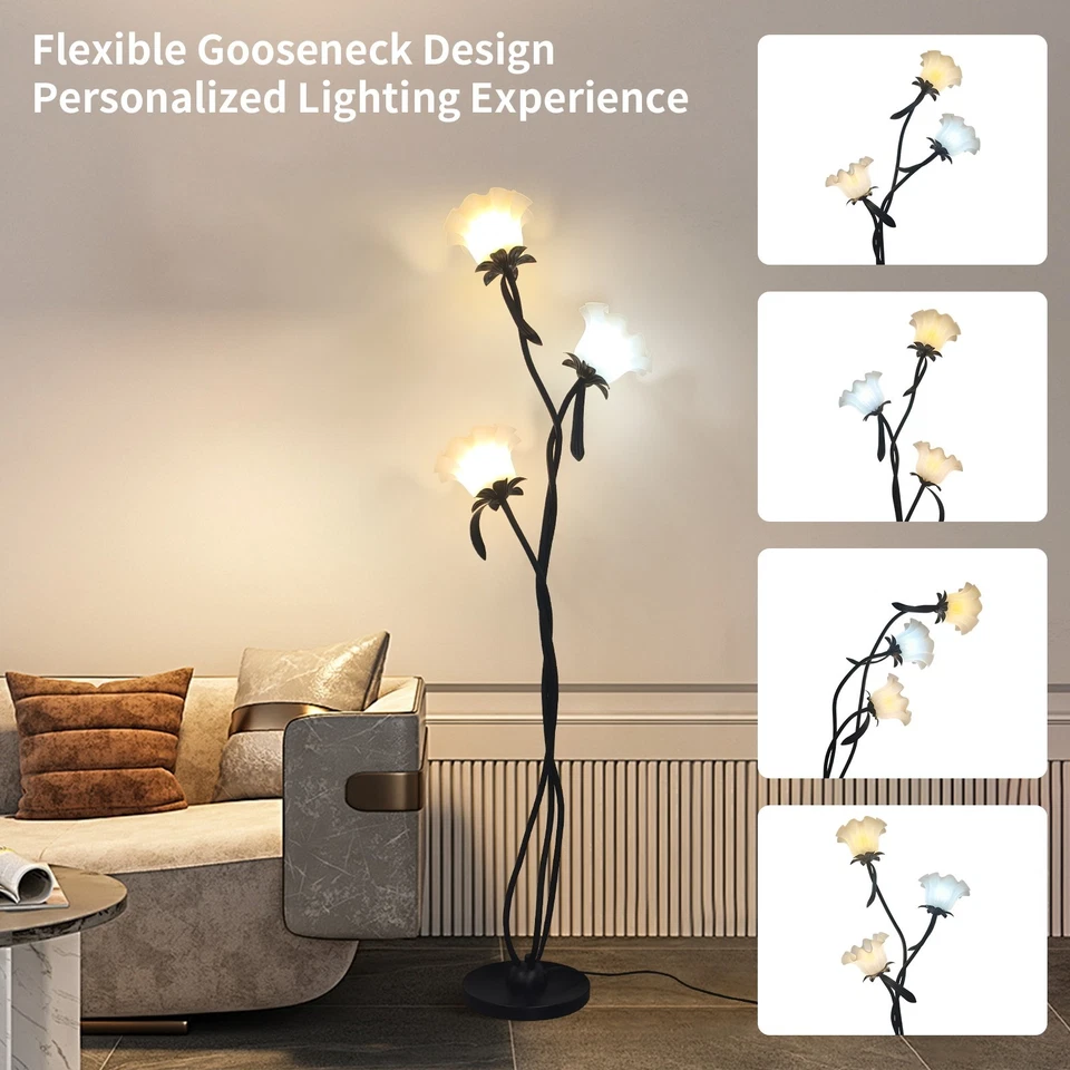 (Free Bulbs*3) Black Flower Floor Lamp – Swan Neck, 3-Color LED for Bedroom - Image 2 of 4