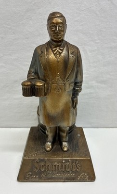 VINTAGE SCHMIDT'S BEER & ALE BRONZED METAL BARTENDER STATUE BAR CADDY 8'' DISPLAY