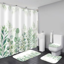DDQQ 4Pcs Green Bathroom Set Leaves Shower Curtain Set Spring Eucalyptus Leaf...