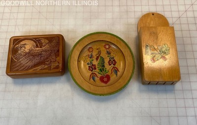 Vtg Wooden Decor: Bald Eagle Box + Knife Block + Bird/Floral/Heart Folk Art Bowl