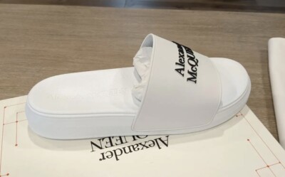 Alexander McQueen Logo Embossed Pool Slides Sandals White/Black