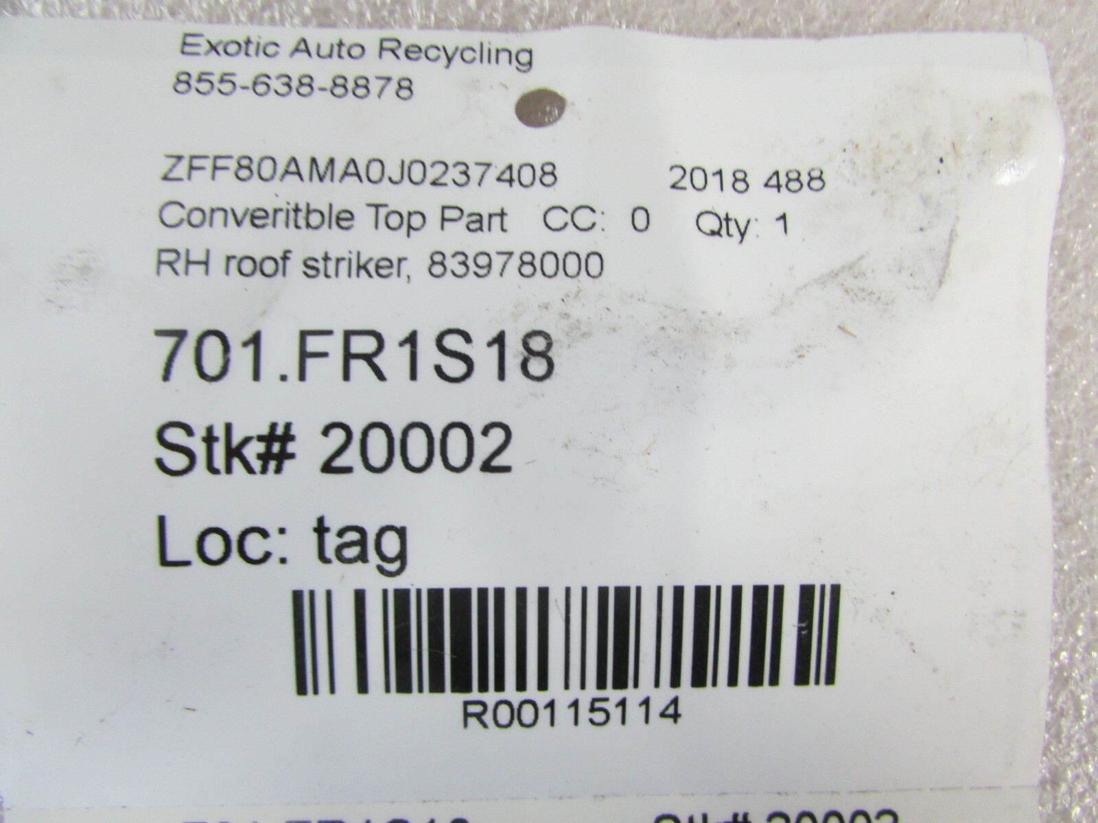 Ferrari 488 Spider, RH, Right Roof Striker, Used P/N 83978000