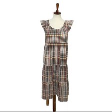 Loft Dress Midi Lightweight Plaid Tiered Cotton Prairie Cottagecore Pink Yellow