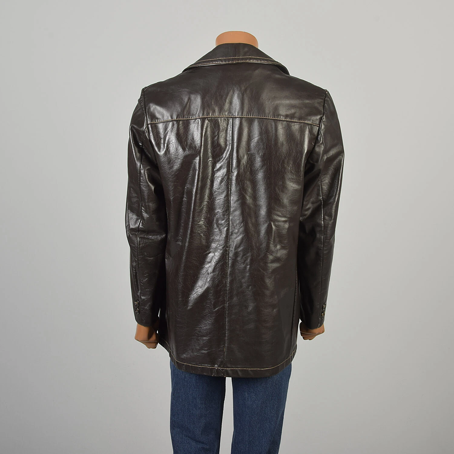  1970s classic leather collared front pockets hip length coat jacket