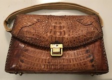 VTG Alligator Framed Brown Leather Handbag Adj Strap Brass Hardware Luxury Uni