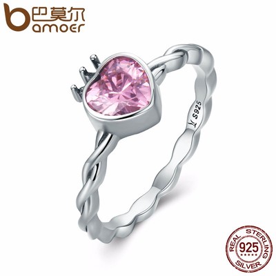 Bamoer Ring echt 100% 925 Sterling Silber rosa Stein
