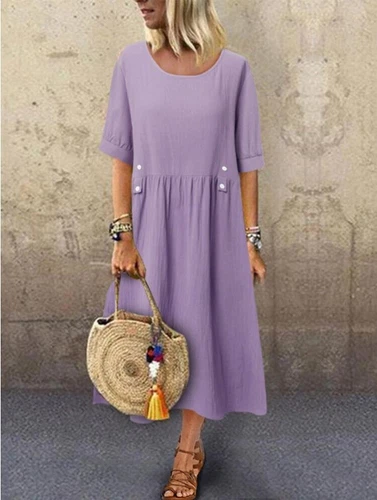 2023 kurzärmeliges Damenkleid aus Baumwolle Leinen Sommerkleider Midi Maxi Boho Freizeitkleid - Bild 12 von 18