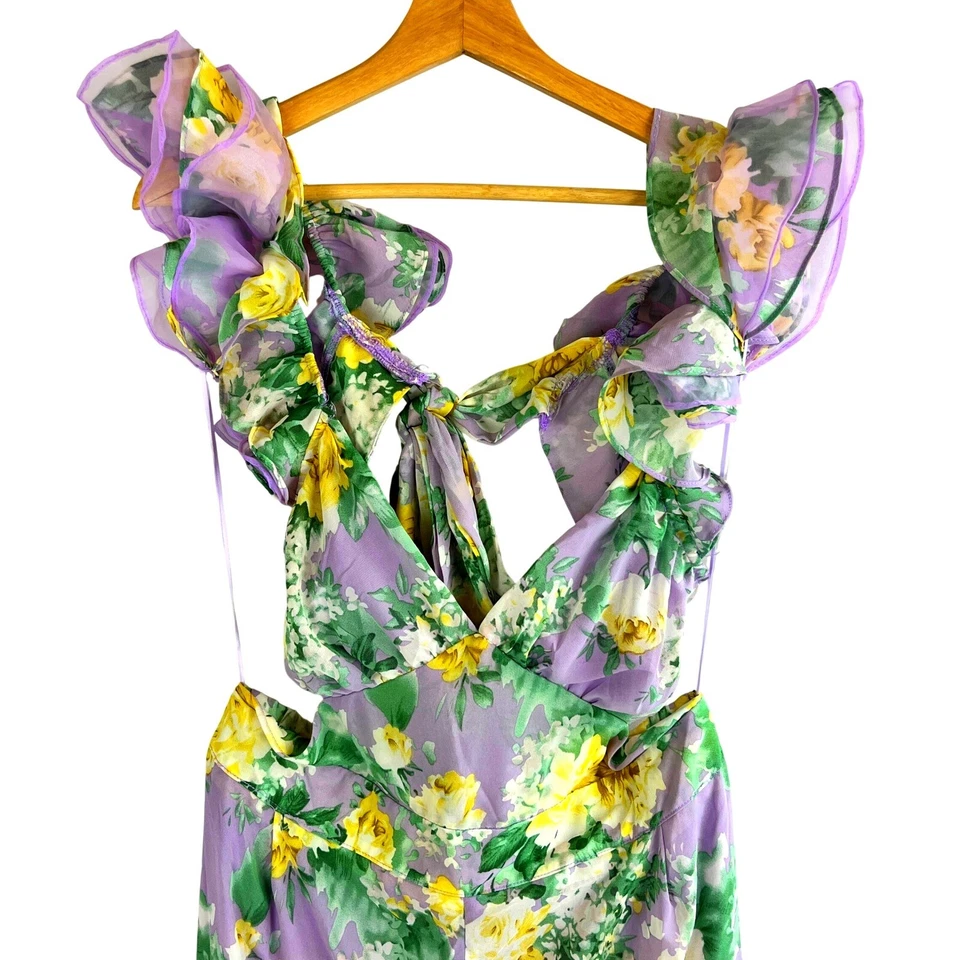 Macacão feminino novo com etiquetas floral babado costas abertas lavanda macacão grande coquette - Imagem 2 de 4