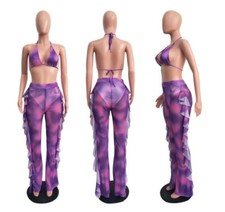 Women Beach Mesh Two Piece Sets Backless Halter Bra Ruffles Long Pants Outfits