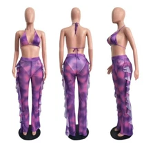 Women Beach Mesh Two Piece Sets Backless Halter Bra+Ruffles Long Pants Outfits