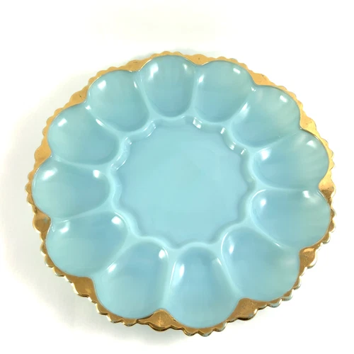 Vintage Anchor Hocking Delphite Blue Glass Deviled Egg Plate Gold Trim
