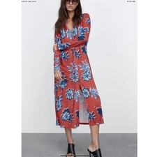 NWT Zara Red w/Blue Floral Print Jersey Knit Button Front Midi Dress size Medium