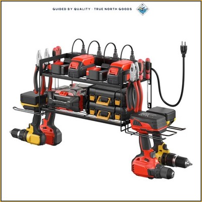 Garage Tool Storage Shelf with Charging Station and Surge Protection Power Strip